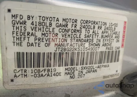 2001 Toyota Camry Le z USA, uszkodzony, nr VIN JT2BG22K510549007